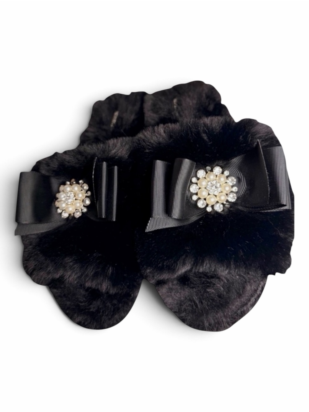 Pretty You London Anya Faux Fur Pearl Bow Slippers Black M 6.5-7.5